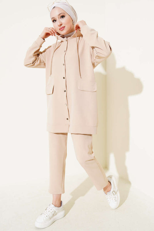 Metal Buttoned Double Breasted Two Piece Set Beige