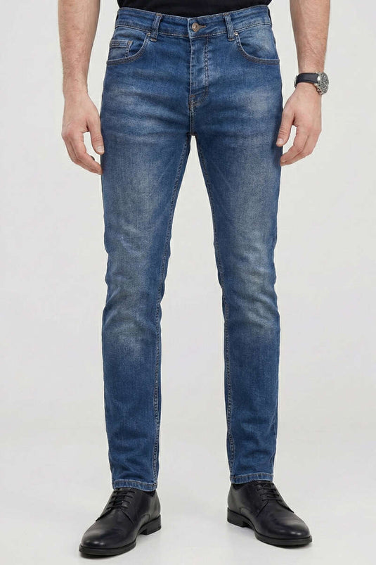 Pantalon en jean homme à jambe étroite avec boutons en métal bleu foncé