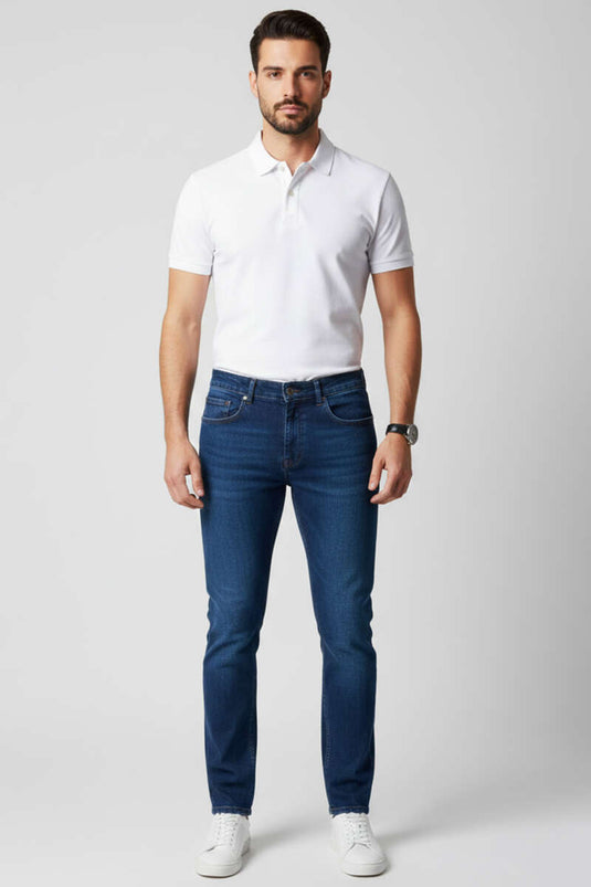 بنطال جينز رجالي ضيق الساق بأزرار معدنية كحلي