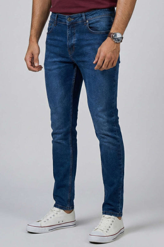 Pantalon en jean homme bleu à jambe étroite avec boutons en métal