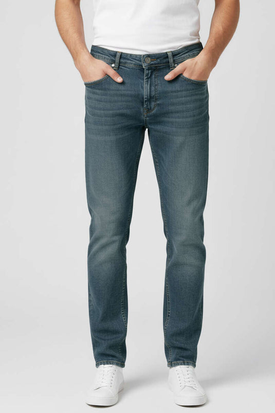 Pantalon en jean homme à jambe étroite avec boutons en métal, bleu moyen