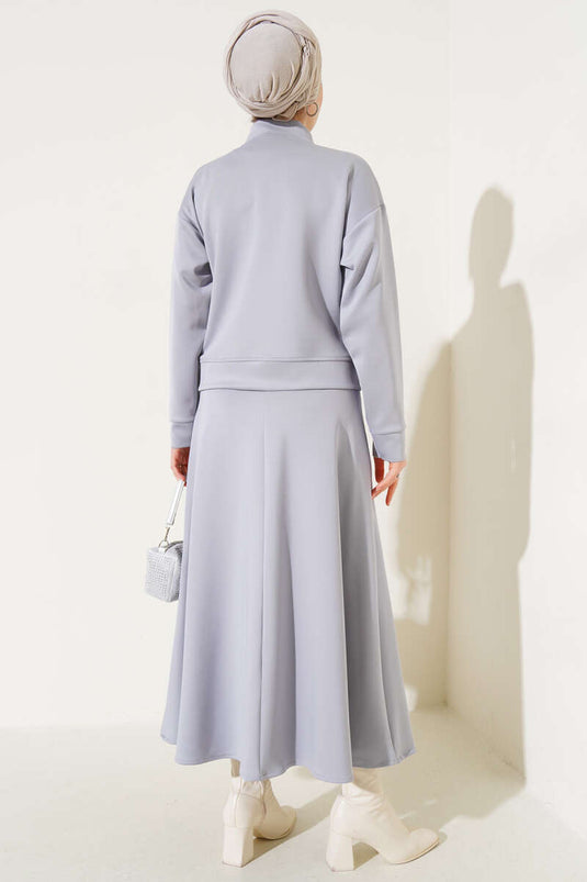 Metal Buttoned Skirted Scuba Two Piece Suit Gray