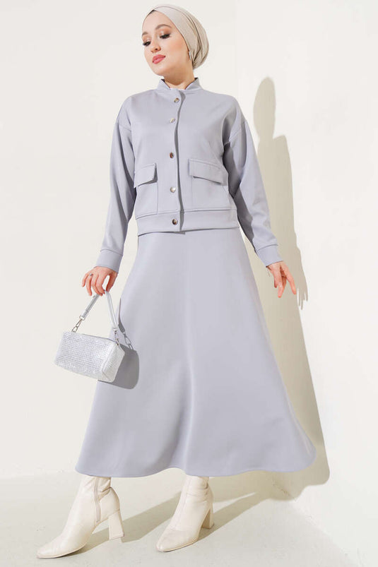 Metal Buttoned Skirted Scuba Two Piece Suit Gray