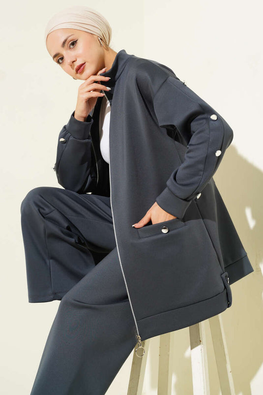 طقم غوص من قطعتين بسحاب وأزرار معدنية، لون رمادي دخاني