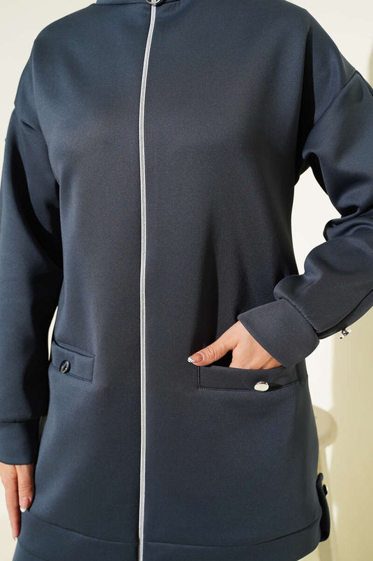 Ensemble deux pièces de plongée avec fermeture éclair et boutons métalliques, gris fumé