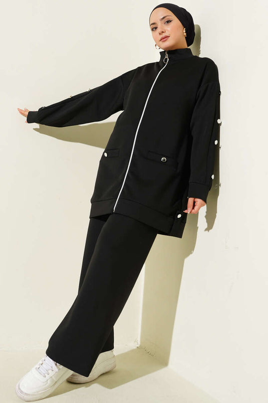 Metal Düğmeli Fermuarlı Scuba İkili Takım Siyah