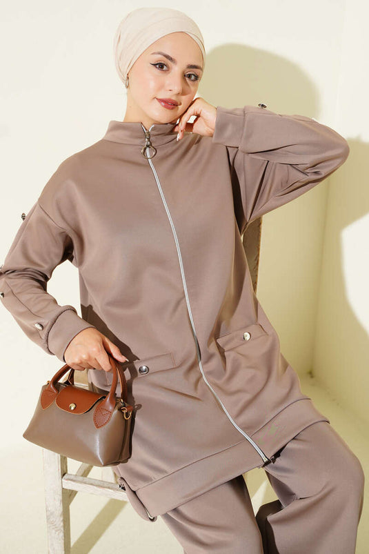 طقم غوص من قطعتين بأزرار وسحاب معدنيين، بلون المنك