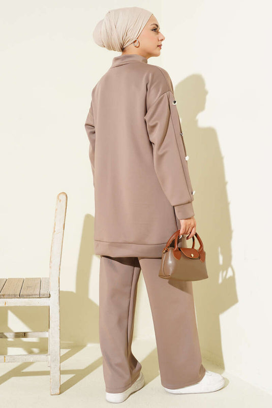 طقم غوص من قطعتين بأزرار وسحاب معدنيين، بلون المنك