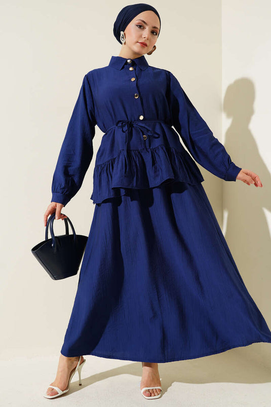 Metalen geknoopt ruche rok tweedelig pak marineblauw