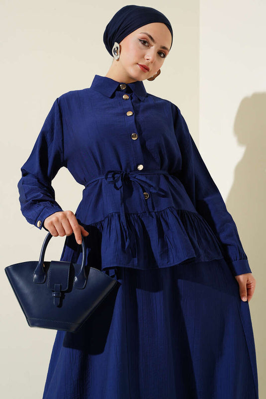 Metalen geknoopt ruche rok tweedelig pak marineblauw