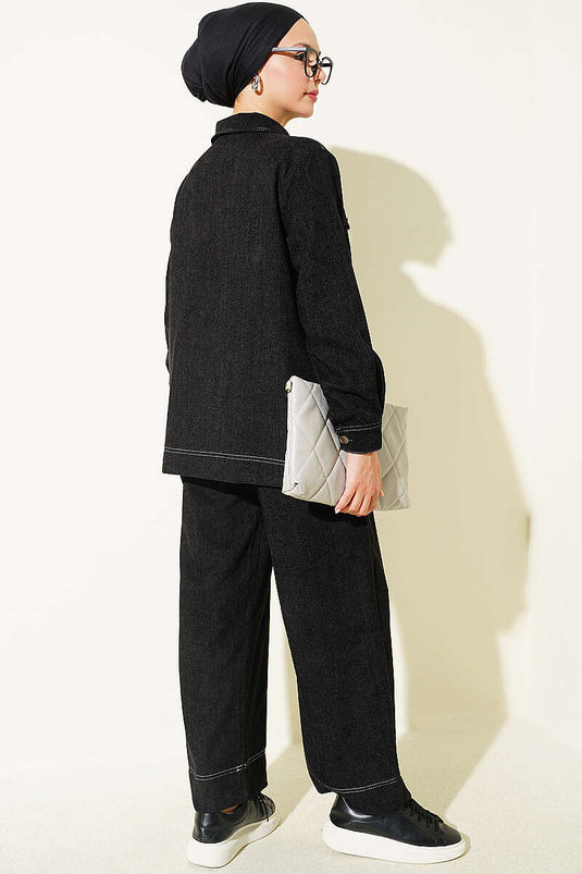 Metal Buttoned Two-Piece Set Black