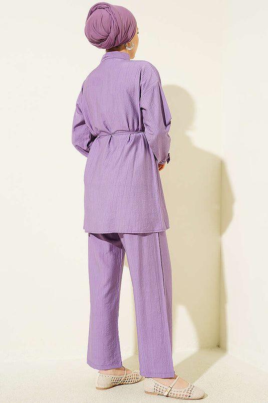 Metal Düğmeli İp Kuşaklı İkili Takım Lila