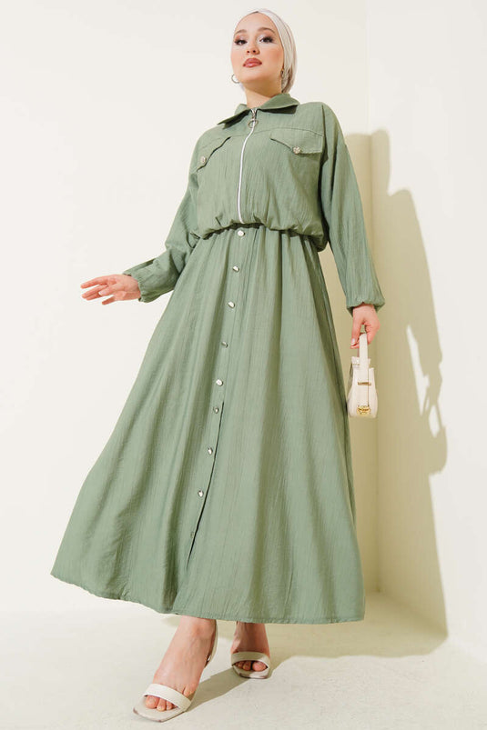 Metal Buttoned Vest Set in Almond Green