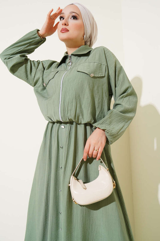 Metal Buttoned Vest Set in Almond Green