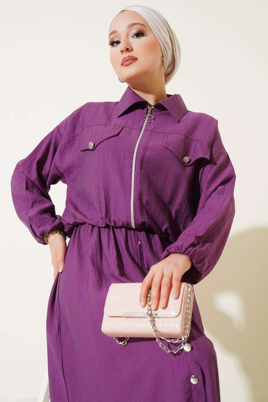 Metal Buttoned Vest Suit Purple