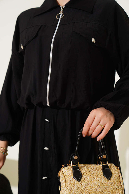 Metal Buttoned Vest Set Black