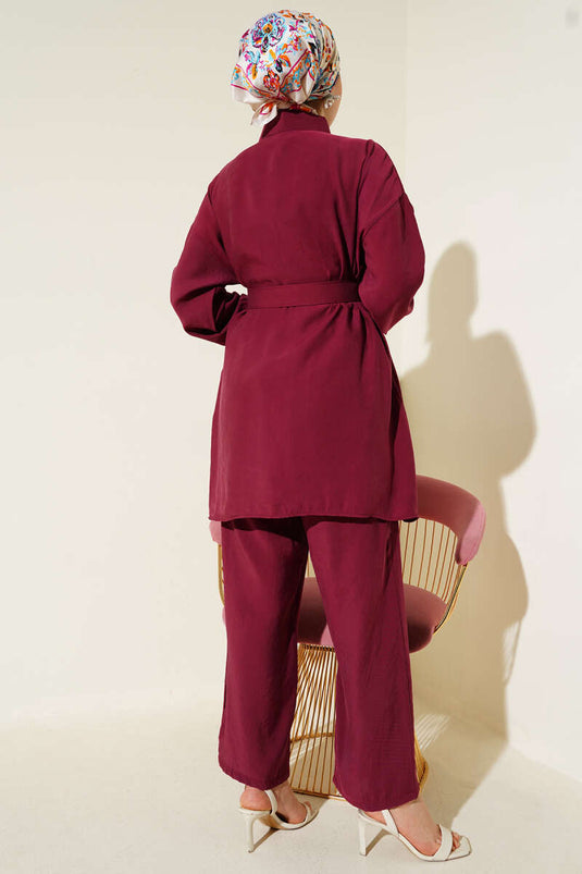 Metal Düğmeli Kemerli İkili Takım Bordo