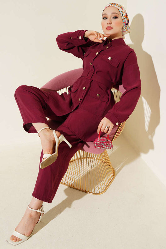 Metal Buttoned Belted Two-Piece Suit Burgundy