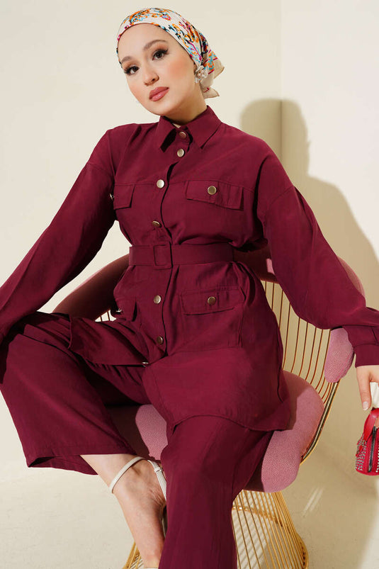 Metal Düğmeli Kemerli İkili Takım Bordo