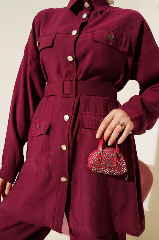 Metal Buttoned Belted Two-Piece Suit Burgundy