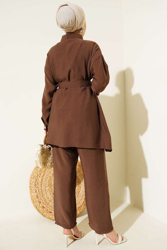 Metal Düğmeli Kemerli İkili Takım Kahve