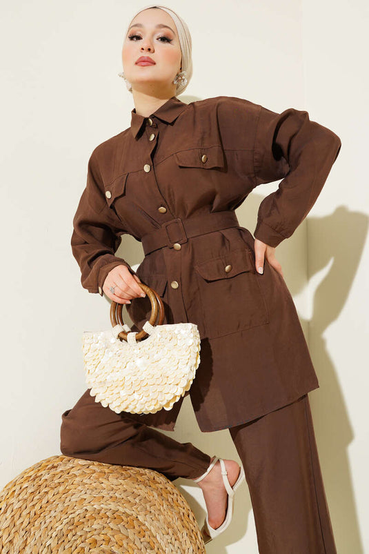 Metal Düğmeli Kemerli İkili Takım Kahve