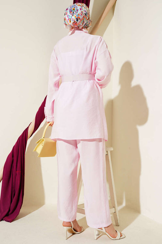 Metal Düğmeli Kemerli İkili Takım Pembe