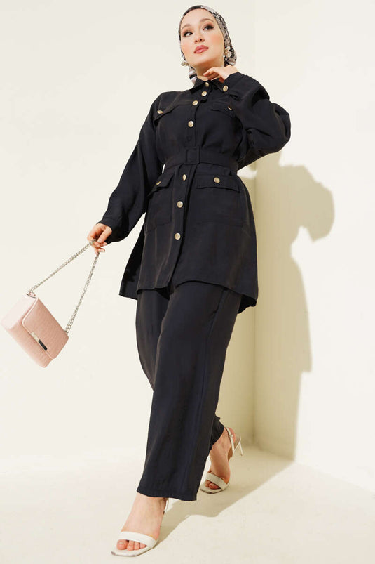 Metal Düğmeli Kemerli İkili Takım Siyah