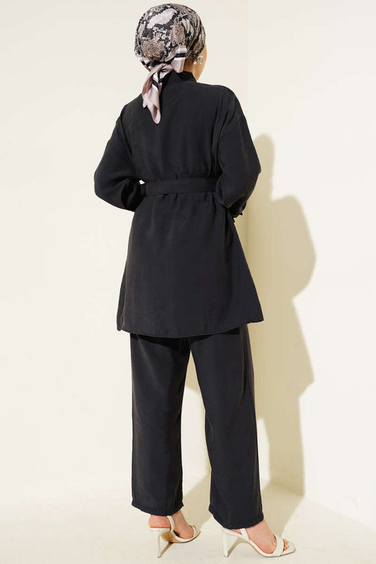 Metal Düğmeli Kemerli İkili Takım Siyah