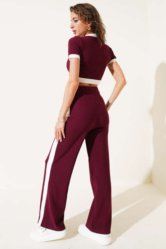 Ensemble deux pièces bordeaux : débardeur court à manches courtes et boutons métalliques