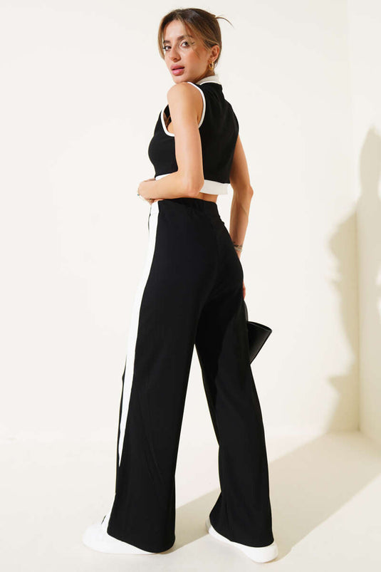 Metal Buttoned Sleeveless Crop Two Piece Suit Black