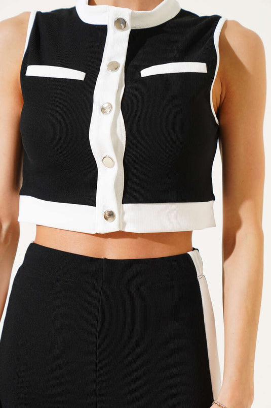 Metal Buttoned Sleeveless Crop Two Piece Suit Black