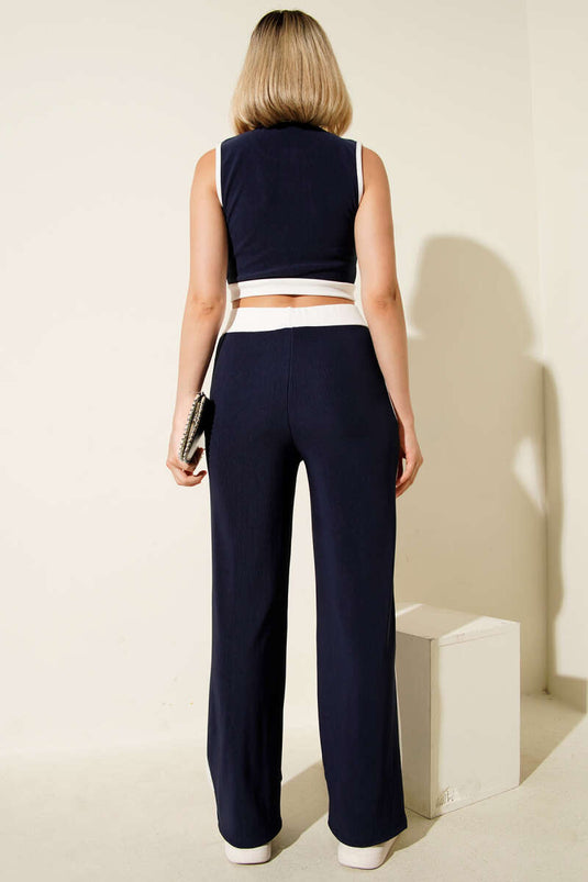 Ärmelloses Camisole-Zweiteiler-Set mit Metallknöpfen, Marineblau