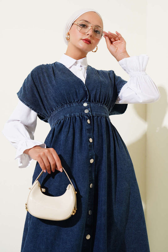 Metal Buttoned Sleeveless Denim Dress Dark Blue