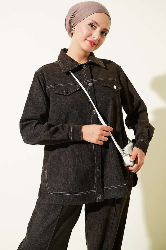 Metaalknopen Denim Tweedelige Set In Bitter Chocolade