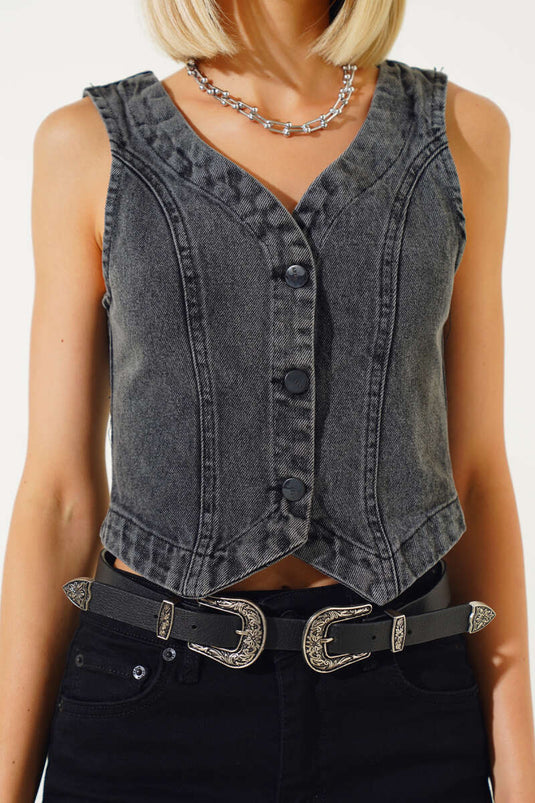 Gilet en jean gris neige à boutons métalliques