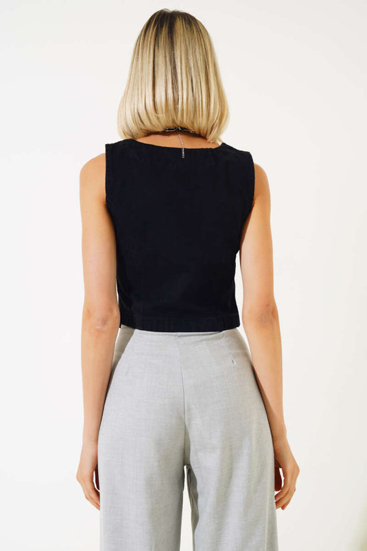 Metal Buttoned Denim Vest Black