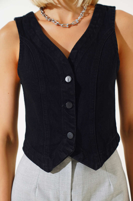 Metal Buttoned Denim Vest Black