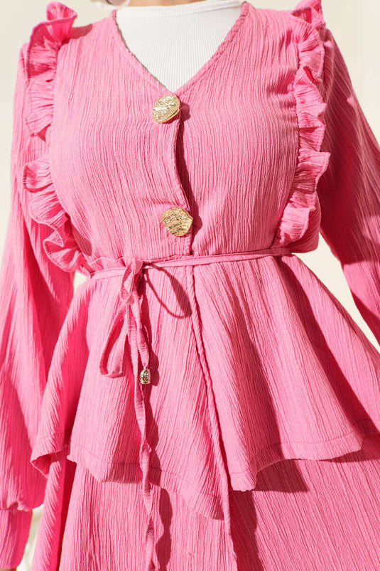 Pink Crinkle Two-Piece Set with Metal Buttons