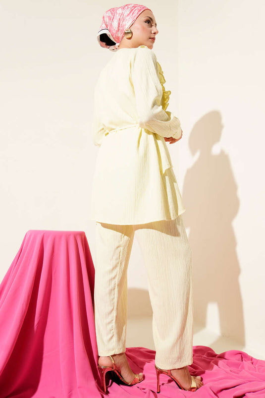 Metal Button Crinkle Two-Piece Set Yellow