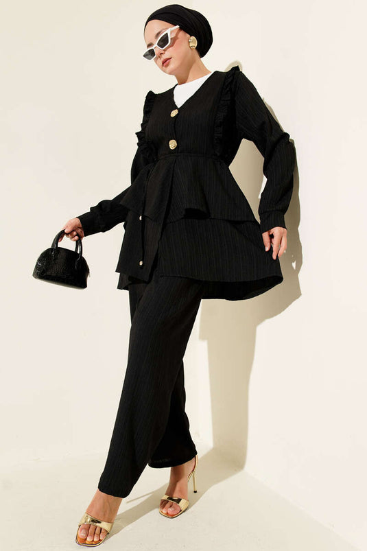 Set due pezzi con bottoni in metallo e effetto stropicciato, nero