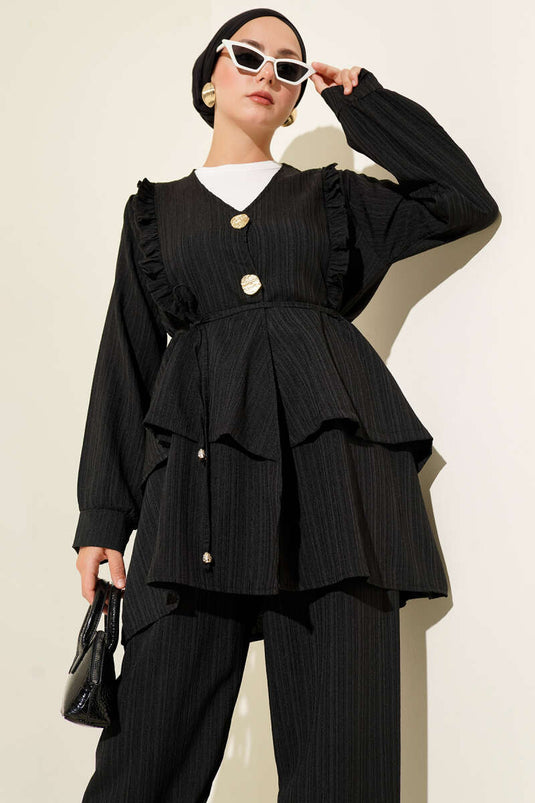 Set due pezzi con bottoni in metallo e effetto stropicciato, nero