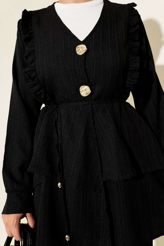 Set due pezzi con bottoni in metallo e effetto stropicciato, nero