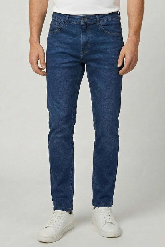 Metal Düğmeli Likralı Erkek Kot Pantolon Mavi