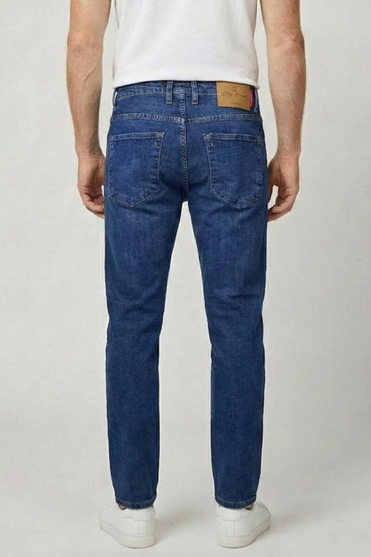 بنطال جينز رجالي أزرق بجيب معدني وقطن مطاطي