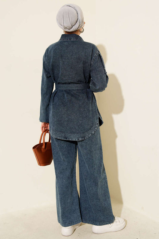 Metal Düğmeli Omuz Apoletli Kot İkili Takım Koyu Mavi