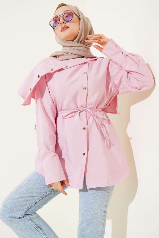 Metal Button Shoulder Cape Shirt Pink