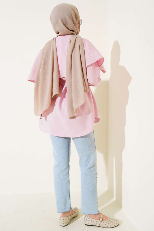 Metal Button Shoulder Cape Shirt Pink