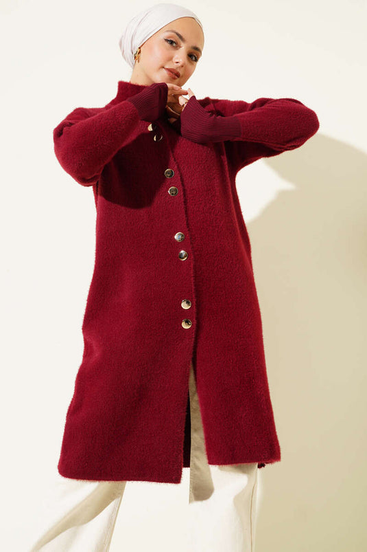 Burgundy Bearded Cardigan with Metal Buttons
