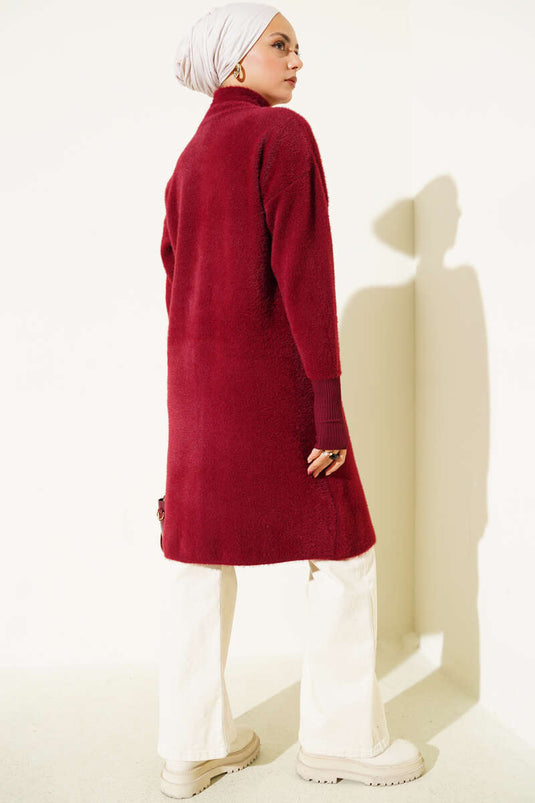 Metal Düğmeli Sakallı Hırka Bordo